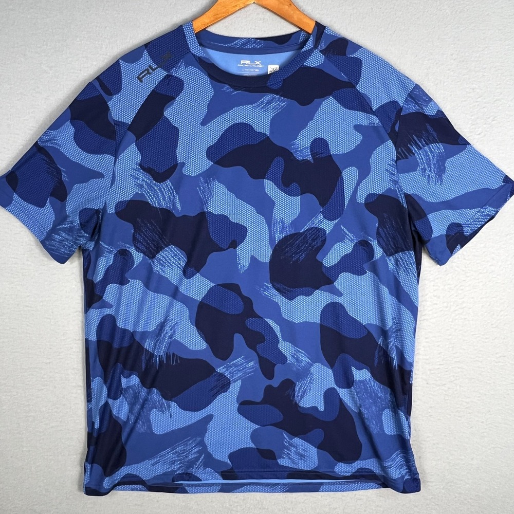 RLX Ralph Lauren Camo Performance Jersey T Shirt Mens L Blue Stretch Workout
